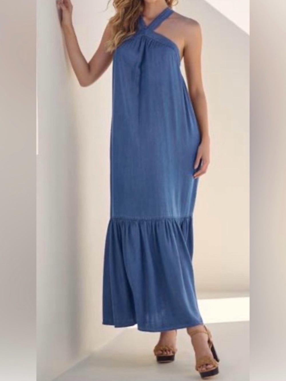 VENUS Denim-Blue Halter Maxi Dress with pockets.